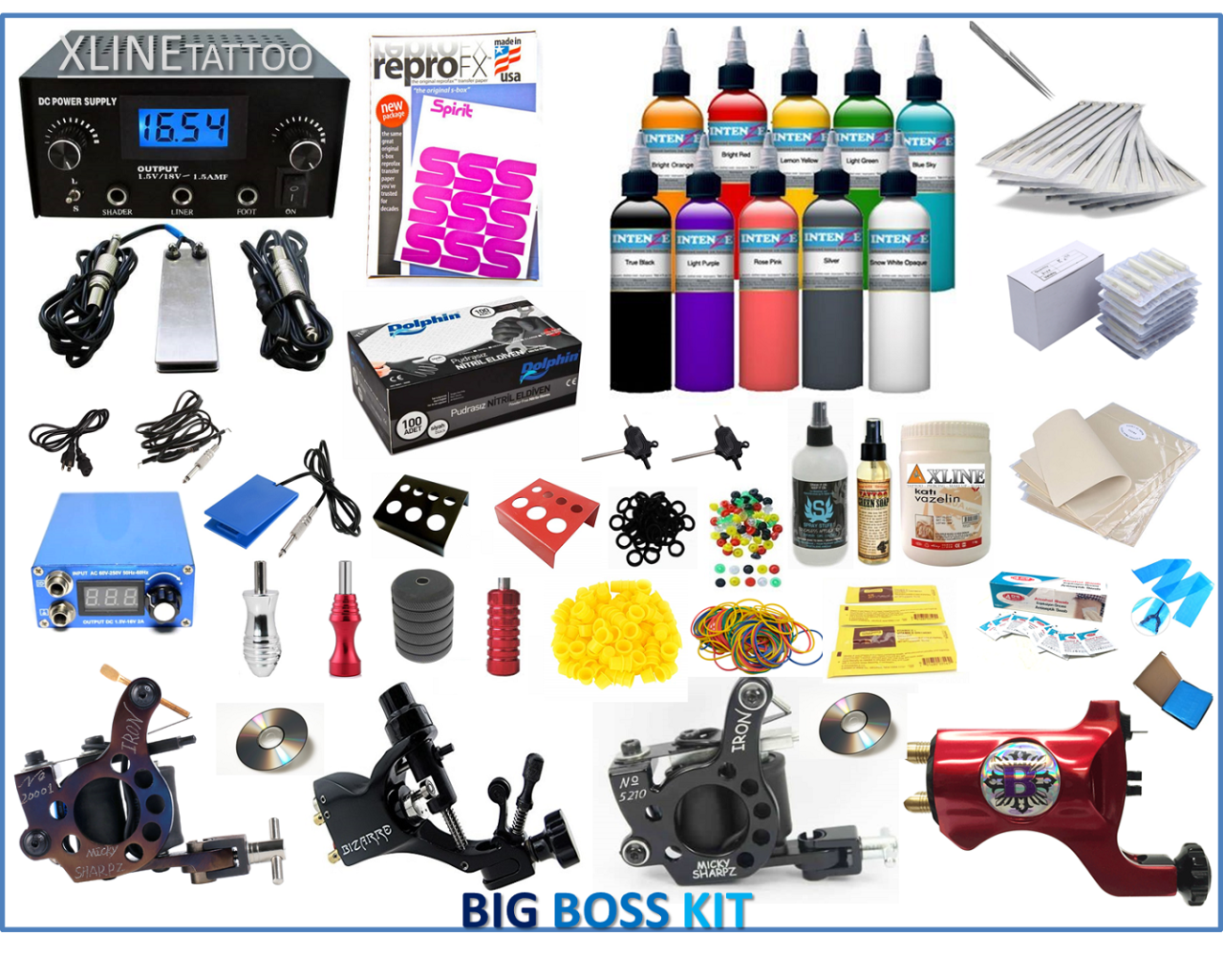 STUDIO AÇANLARA ÖZEL 4 MAKİNALI ÇİFT ADAPTÖRLÜ 61 PARÇA BIG BOSS DÖVME MAKİNASI SETİ PROFESYONEL